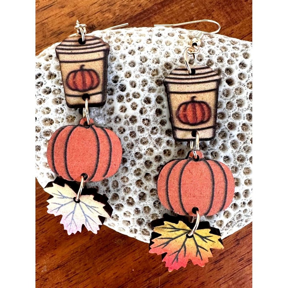 Pumpkin Latte Earrings Coffee  Fall Leaves New Dangle Hooks Double Sided…